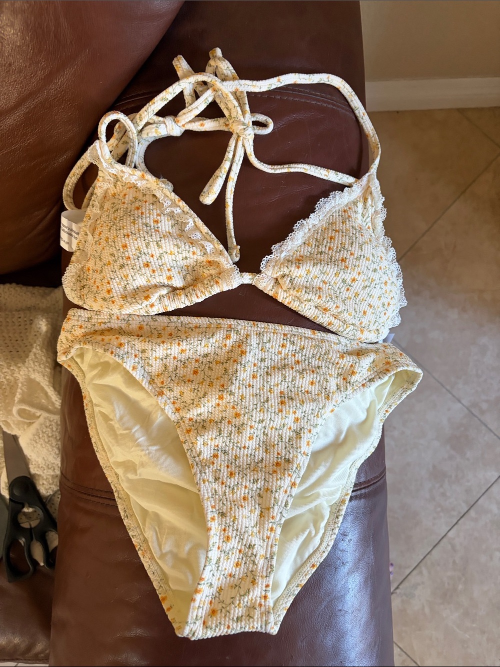 Forever 21 Cream and Yellow Floral Ribbed Bikini Set